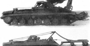 Минный инженерный тральщик на базе танка Т-10М: вверху «объект 220» с ножевыми и катковой секциями (в походном положении); внизу — «объект 213» с катковым тралом